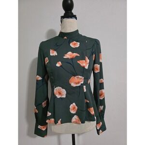 FOREVER 21 Contemporary Dark Green Floral Peplum Mock Neck Blouse Size Medium